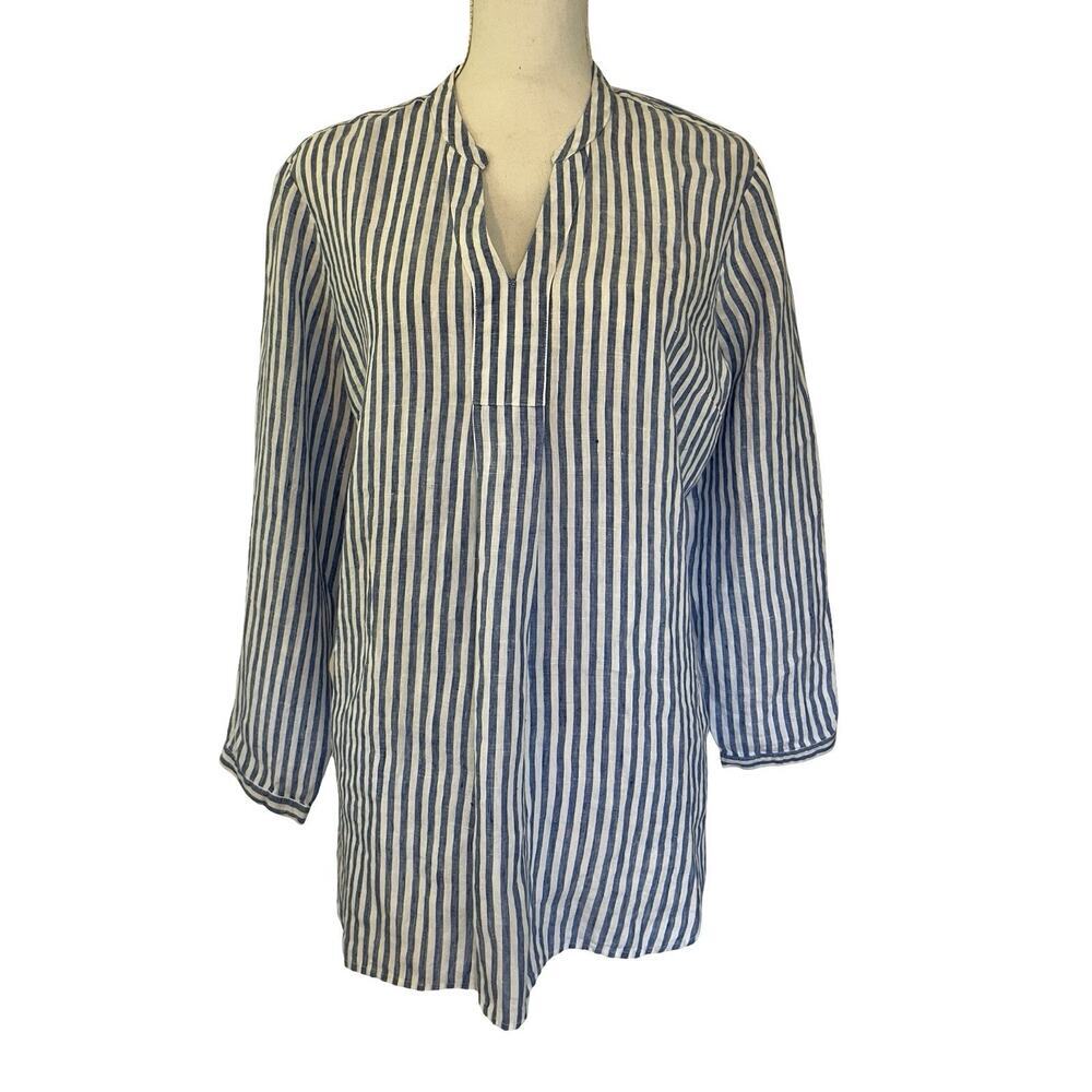 LL Bean 100% Linen Striped V Neck‎ Pullover Tunic Top Size LP Blue Nautical NWT